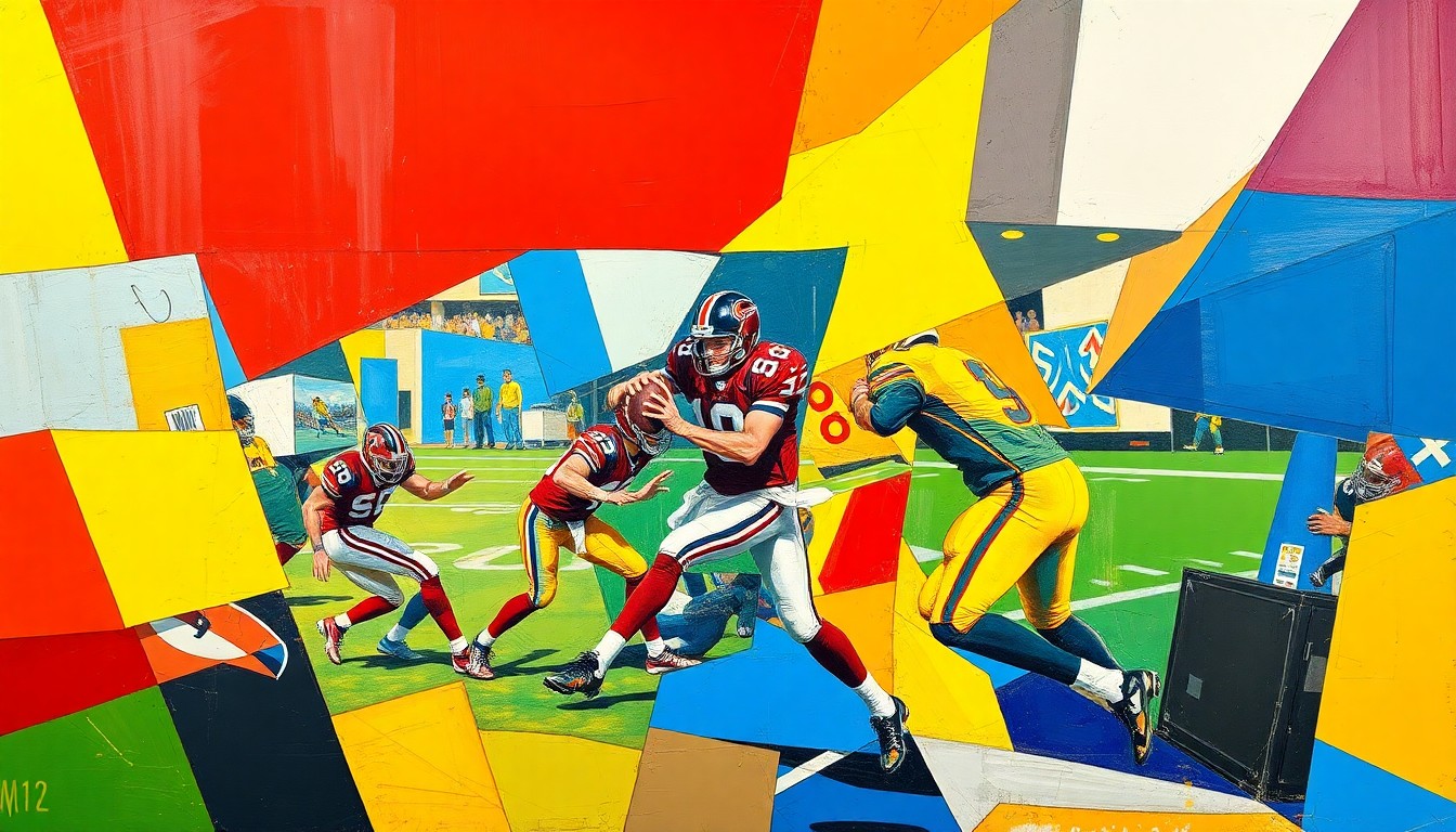A fragmented, geometric painting depicting a football player in motion, broken down into sharp, overlapping planes of color, representing the complex challenges facing the Chiefs as they prepare for the start of the season without their star quarterback.