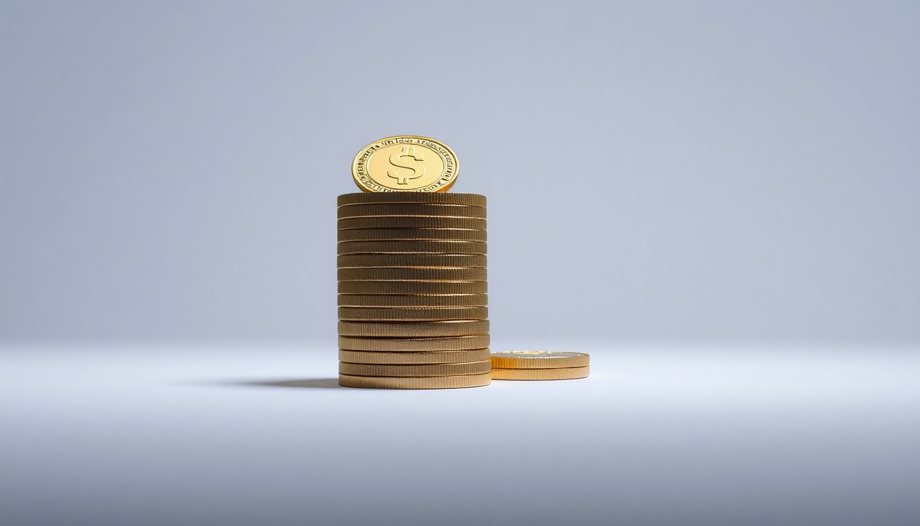 A minimalist studio still life photograph featuring a stack of sleek, metallic tokens arranged in a precise geometric pattern on a plain white background, symbolizing the abstract concepts of blockchain-powered capital markets and digital asset innovation.