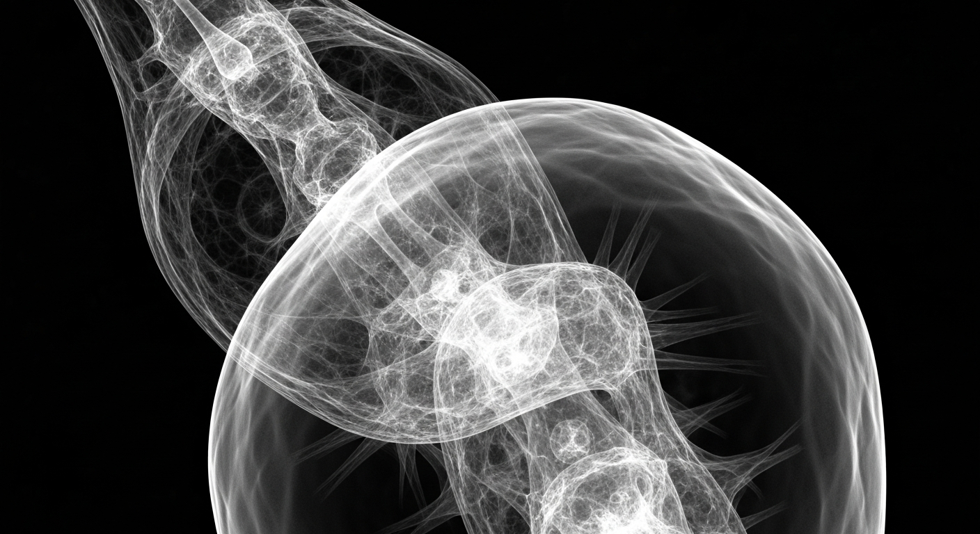 An extreme close-up X-ray image revealing the intricate internal structure of a gastroesophageal cancer cell, with ghostly glowing lines and shapes against a dark background, conceptually illustrating the clinical study's exploration of immune reprogramming strategies for this hard-to-treat disease.