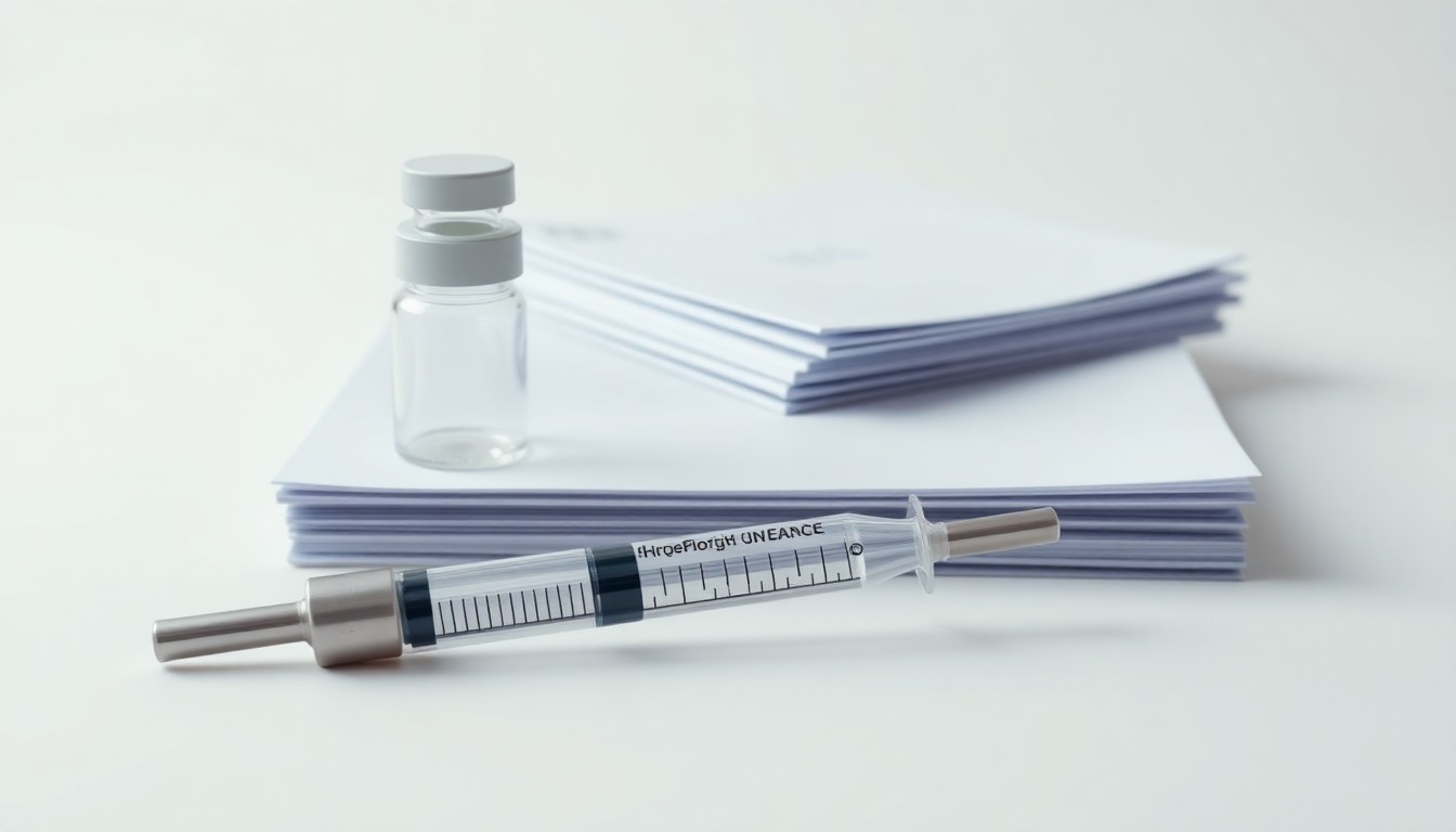 A high-end, photorealistic studio still-life photograph featuring a polished metal syringe, a glass vial, and a stack of documents on a clean, white background, conceptually representing Kura Oncology's work in developing cancer treatments.