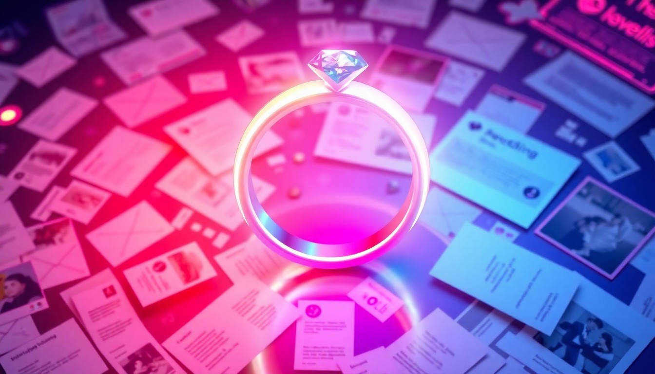 A highly detailed, glowing 3D illustration of a wedding ring floating above a swirling array of digital wedding planning data, including emails, receipts, and inspiration images, all illuminated by neon cyan and magenta lights to represent the AI-powered organization of the Loverly aiSLE Assistant.