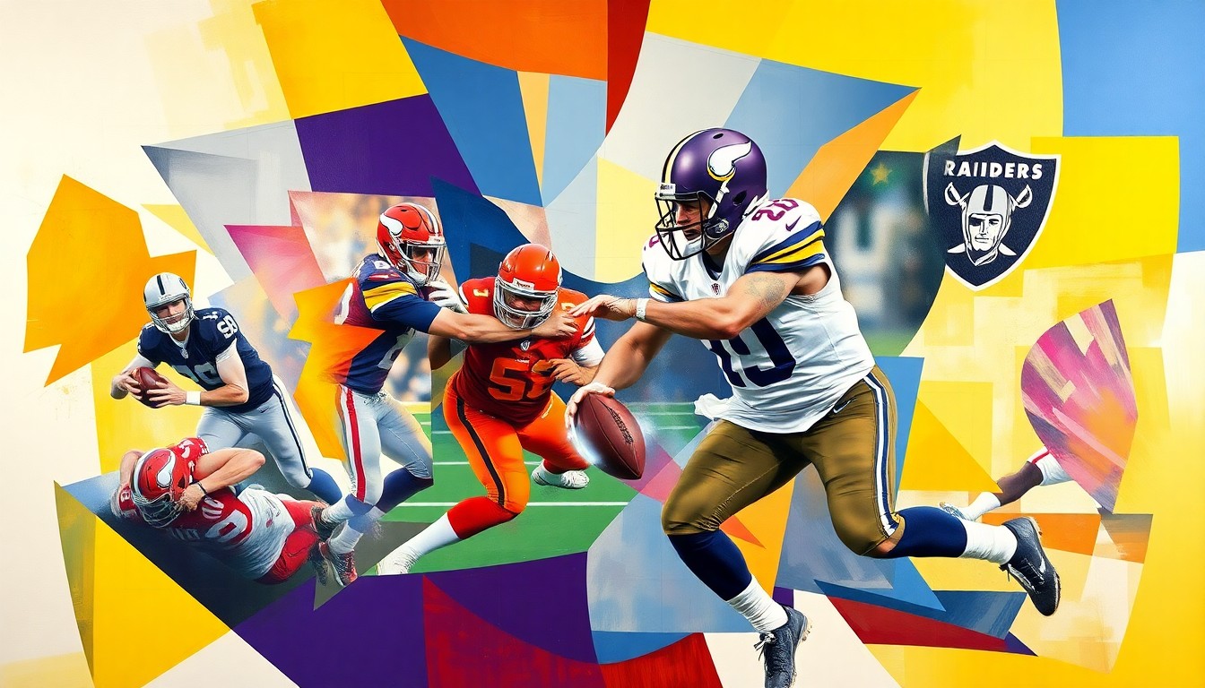 A fragmented, geometric painting depicting a football player in motion, with sharp planes of purple, gold, and silver representing the colors of the Minnesota Vikings and Las Vegas Raiders. The abstract style conveys the complex emotions surrounding Cousins' career transition.