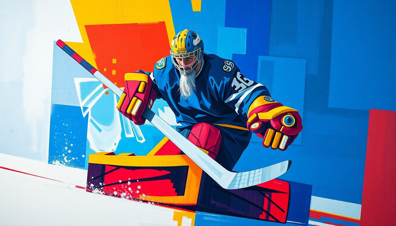 A fractured, cubist-style painting depicting a hockey goaltender making a save, with the player's form broken down into sharp, overlapping geometric shapes in a vibrant color palette.