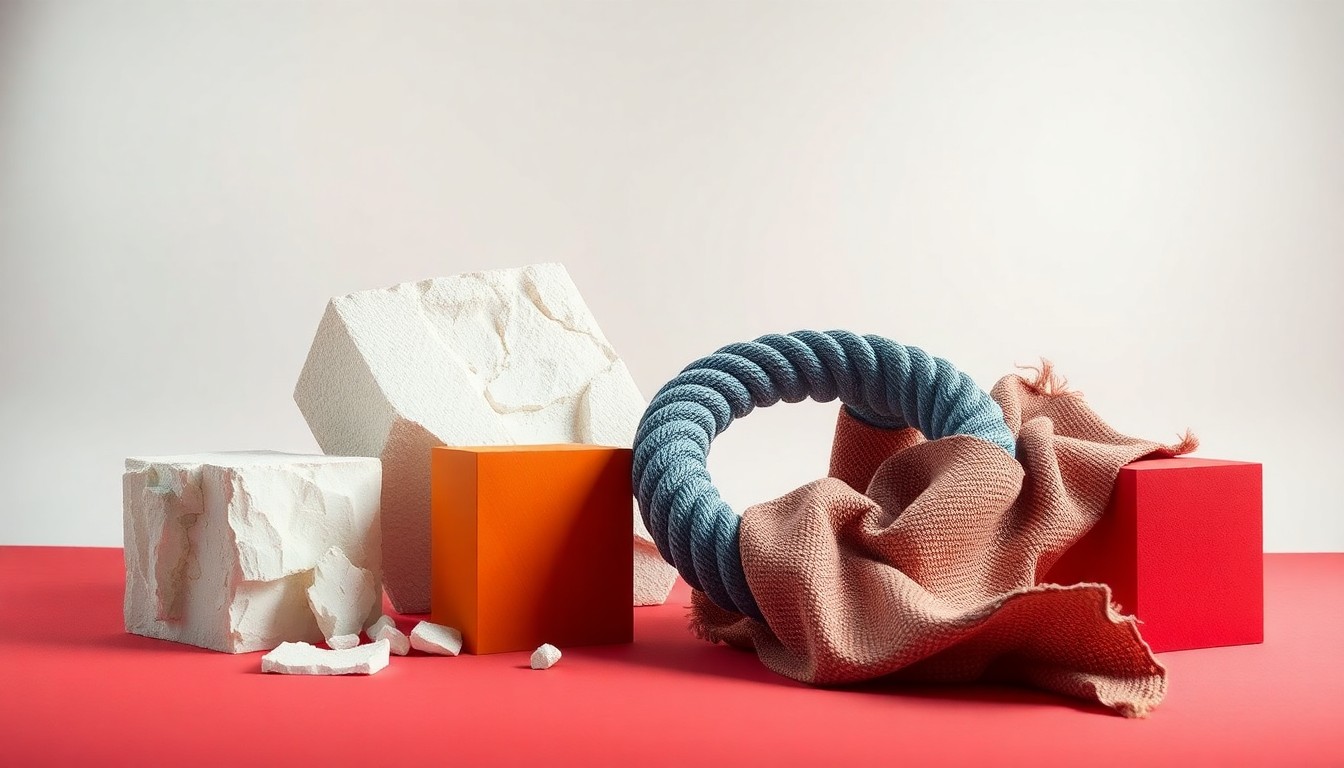 A minimalist studio still life photograph featuring a shattered foam block, a coil of industrial tubing, and a crumpled fabric swatch, conceptually representing the raw material and production challenges facing the upholstery industry.
