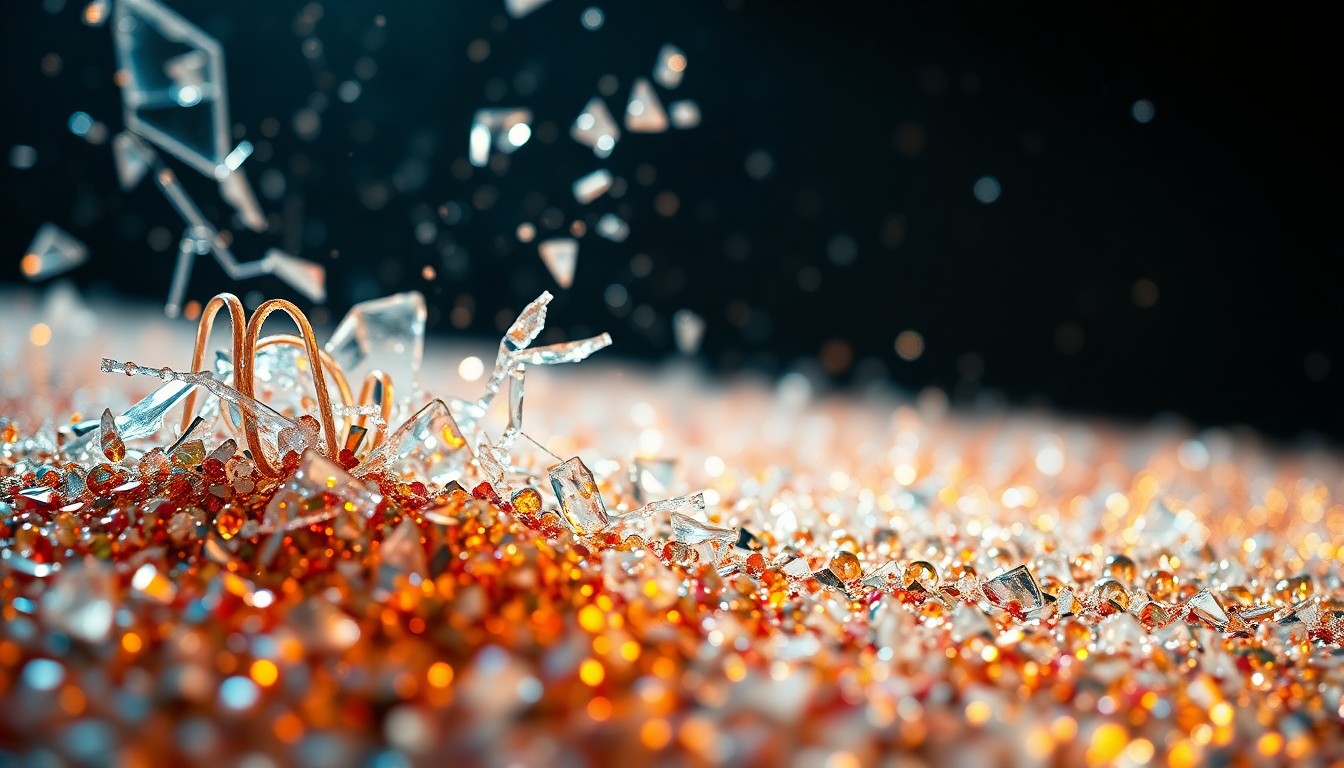 An abstract close-up photograph featuring shards of shattered glass and glittering sequins, captured in dramatic, high-contrast studio lighting to create a conceptual representation of the complexities and fragility of celebrity culture.
