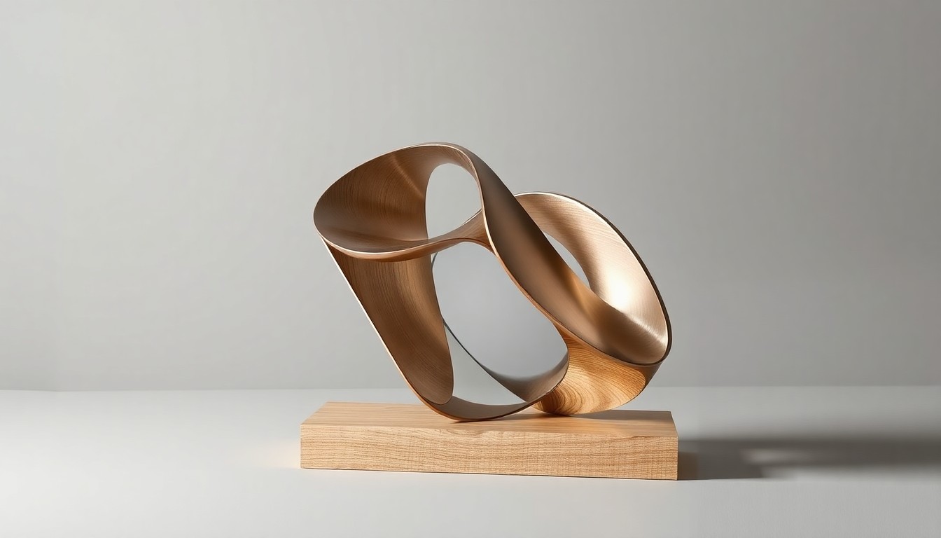 A minimalist, photorealistic studio still life featuring a polished, geometric sculpture made of premium materials like metal, glass, and wood, floating on a clean, monochromatic background to symbolize the luxurious, tactile nature of RH's furniture and design products.