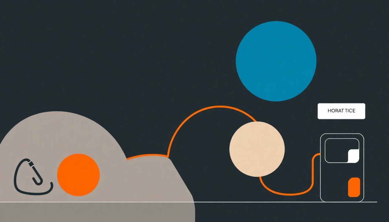 An abstract illustration using bold geometric shapes and a muted color palette of dark greys, blues, and oranges to conceptually represent the various factors that influence gas prices, including crude oil, refining, taxes, and retailer margins.