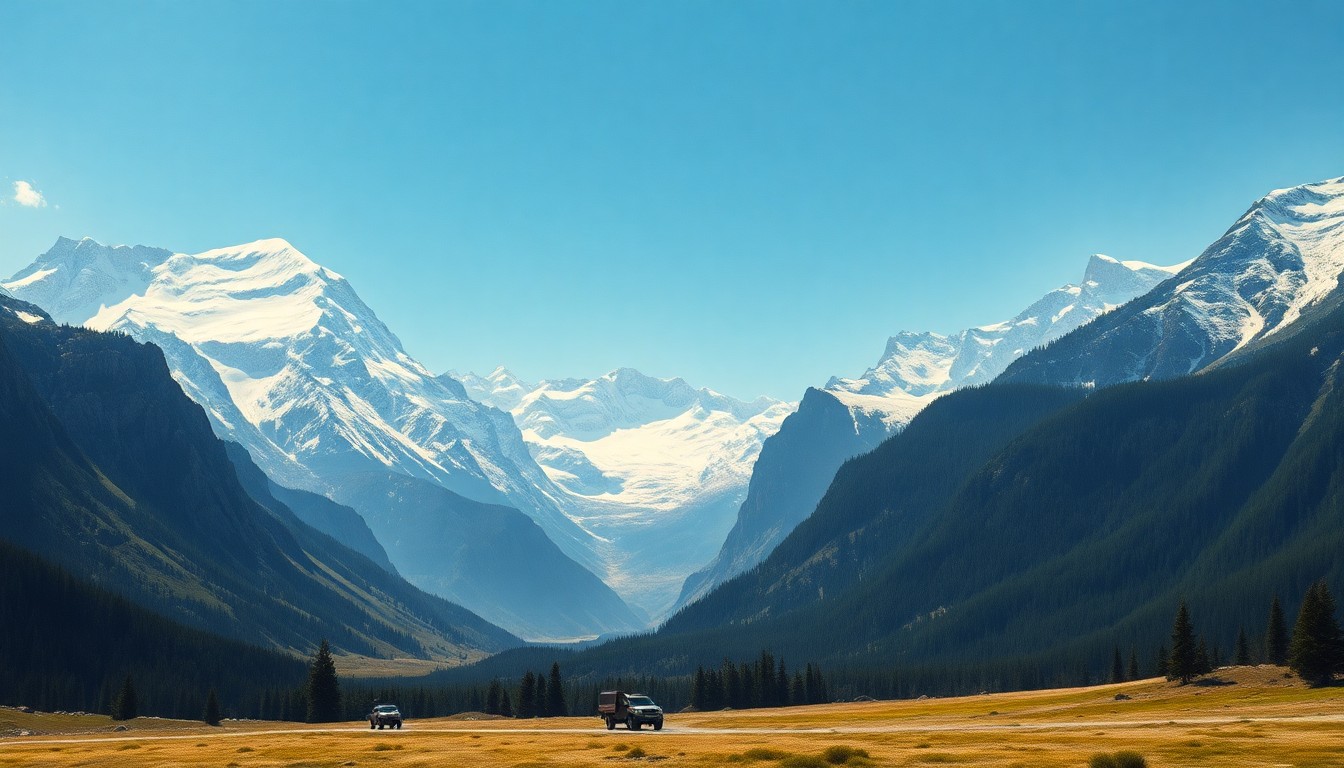 A sweeping, atmospheric landscape painting in muted earth tones and soft, diffused light, depicting the grand scale of snow-capped mountain peaks rising above a small town nestled in the valley below, conveying the sublime power of nature.