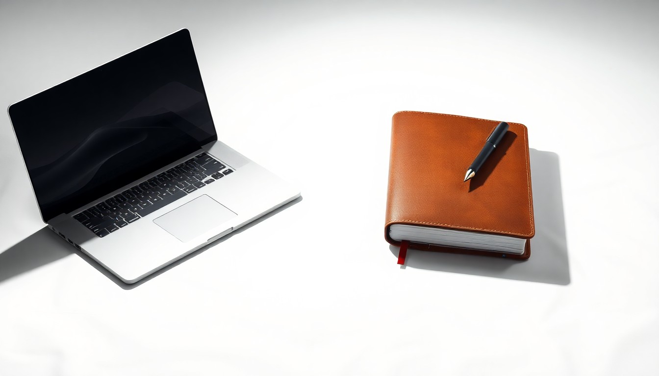 A high-end, photorealistic studio still-life photograph featuring a sleek laptop computer, a leather-bound sketchbook, and premium calligraphy pens arranged elegantly on a clean, white background, conveying the abstract concepts of design, finance, and consumer discernment.