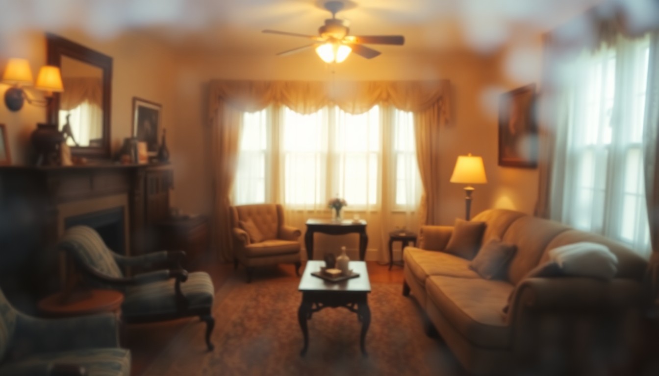 An impressionistic, out-of-focus interior scene featuring warm, soft-focus pools of light and color, conceptually representing the historic Ida Mae Francis Tourist Home as a safe haven from the harsh realities of segregation.