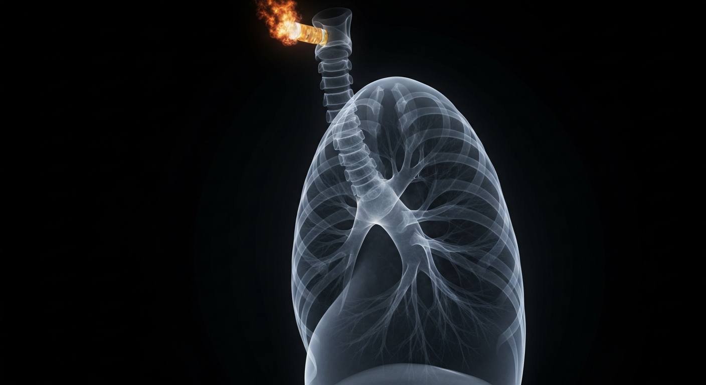 A ghostly, translucent X-ray photograph showing the intricate structure of a human lung against a dark background, conceptually illustrating the health impacts of smoking.