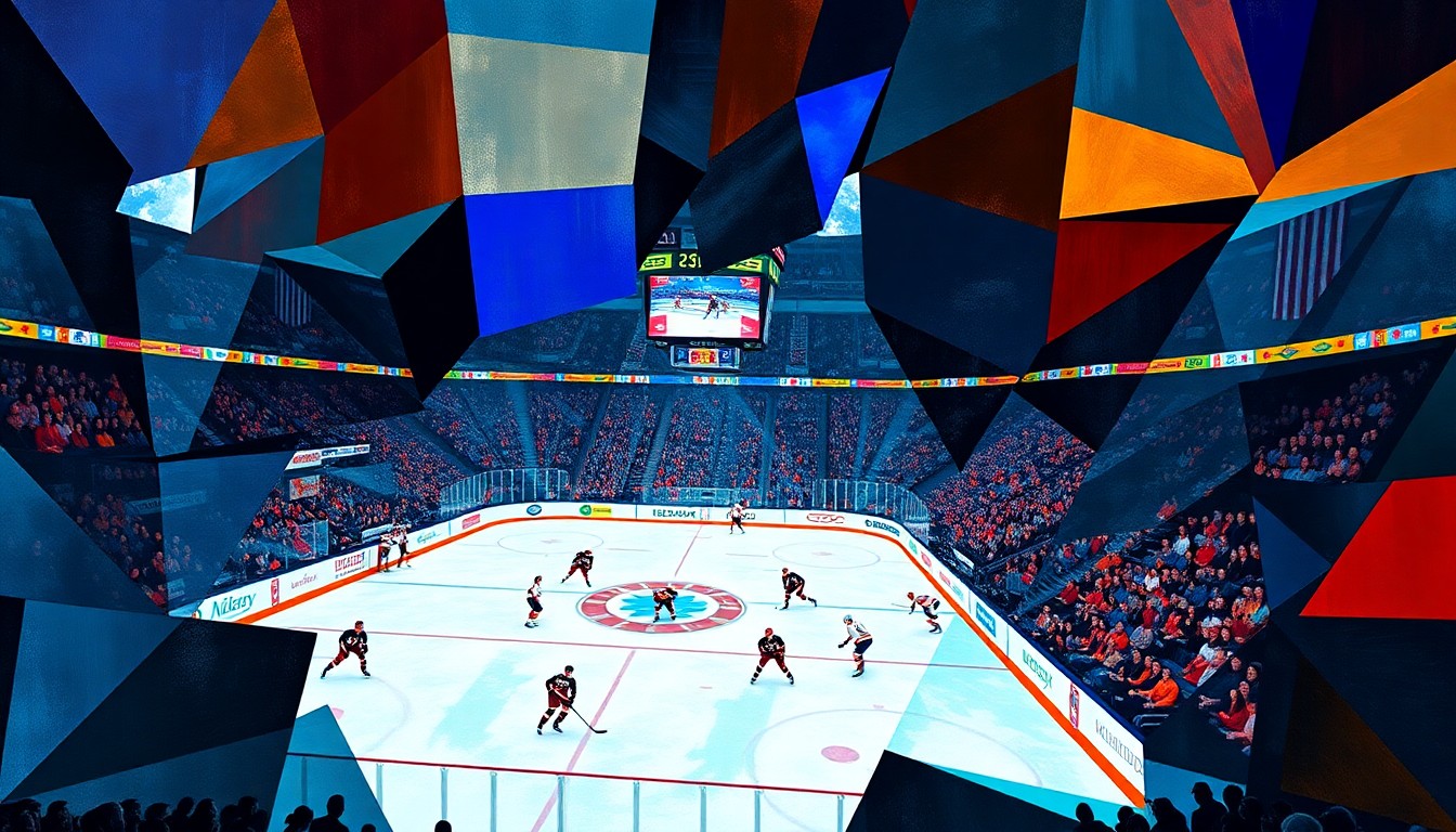 A fractured, geometric painting in vibrant colors, depicting the dynamic movements and action of a hockey game through overlapping planes and sharp angles.