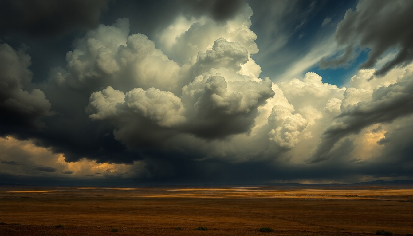 A dramatic, moody landscape painting depicting a vast, stormy sky filled with heavy, swirling clouds over a flat, desolate expanse, conveying the overwhelming power and sublime scale of an approaching weather system.