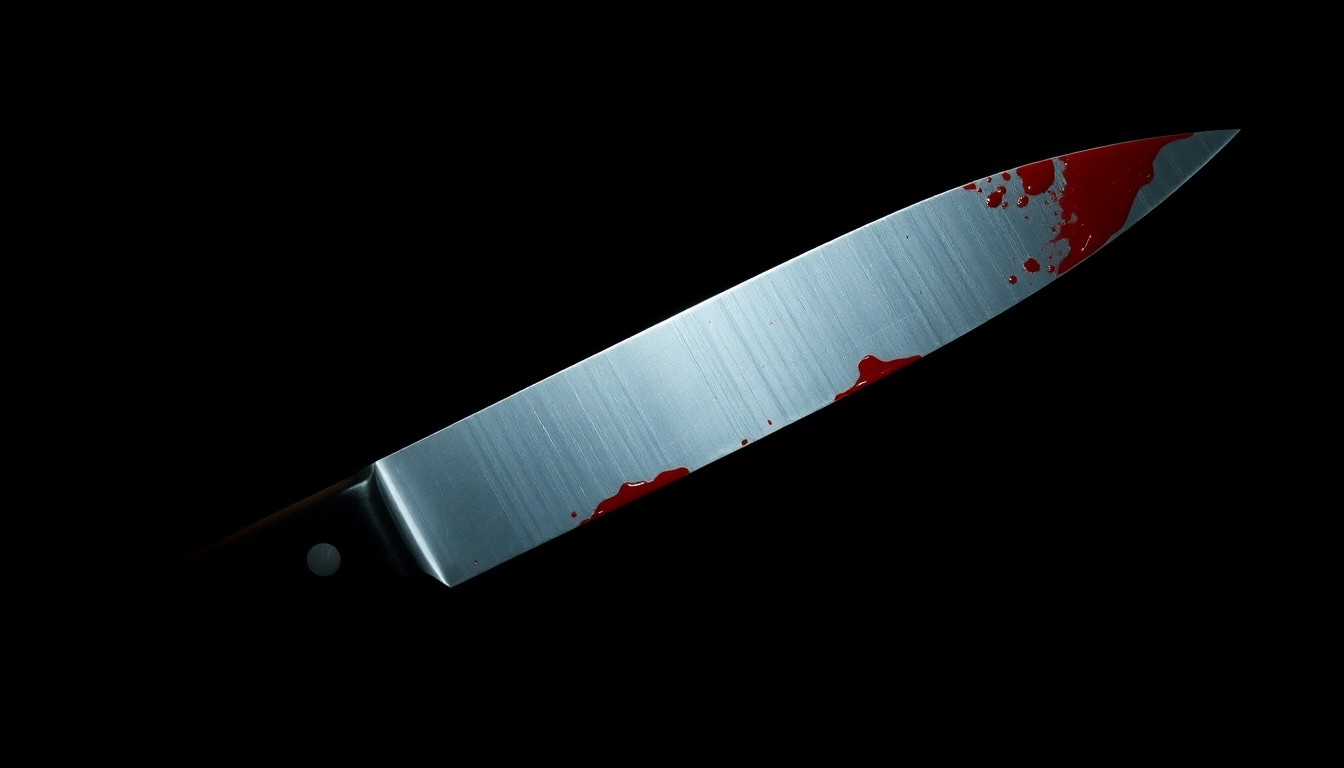 An extreme close-up of a single bloodied knife blade against a pitch-black background, creating a stark, gritty, investigative aesthetic.