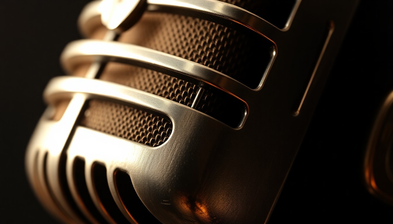 An abstract close-up photograph of a vintage radio microphone, with dramatic lighting highlighting the intricate textures and metallic sheen of the device, conceptually representing the changing landscape of the revived Morning X radio program.