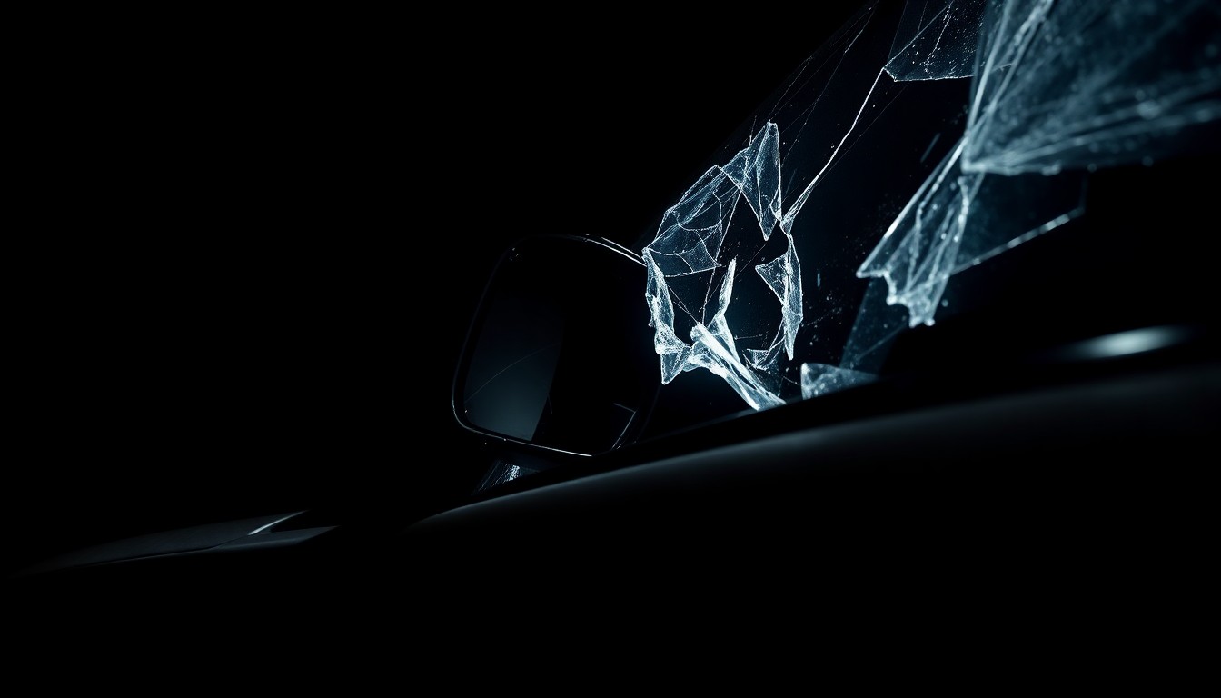 An extreme close-up photograph of a damaged car part, such as a shattered side mirror or cracked windshield, lit dramatically by a harsh camera flash against a pitch-black background, conveying the sudden, gritty aftermath of a serious accident.