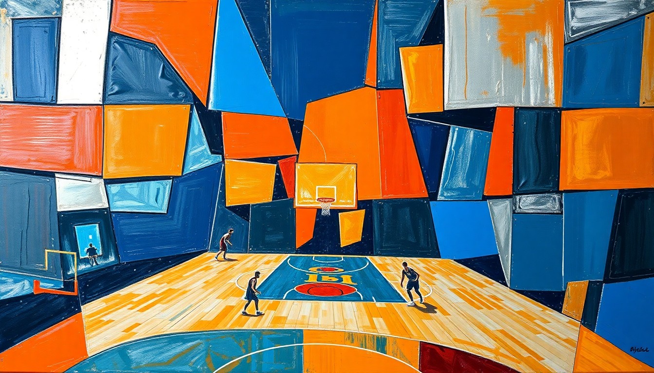 A fractured, geometric painting in vibrant blues, oranges, and silvers, depicting the action and energy of a basketball game, with the players and court broken down into sharp, overlapping planes.