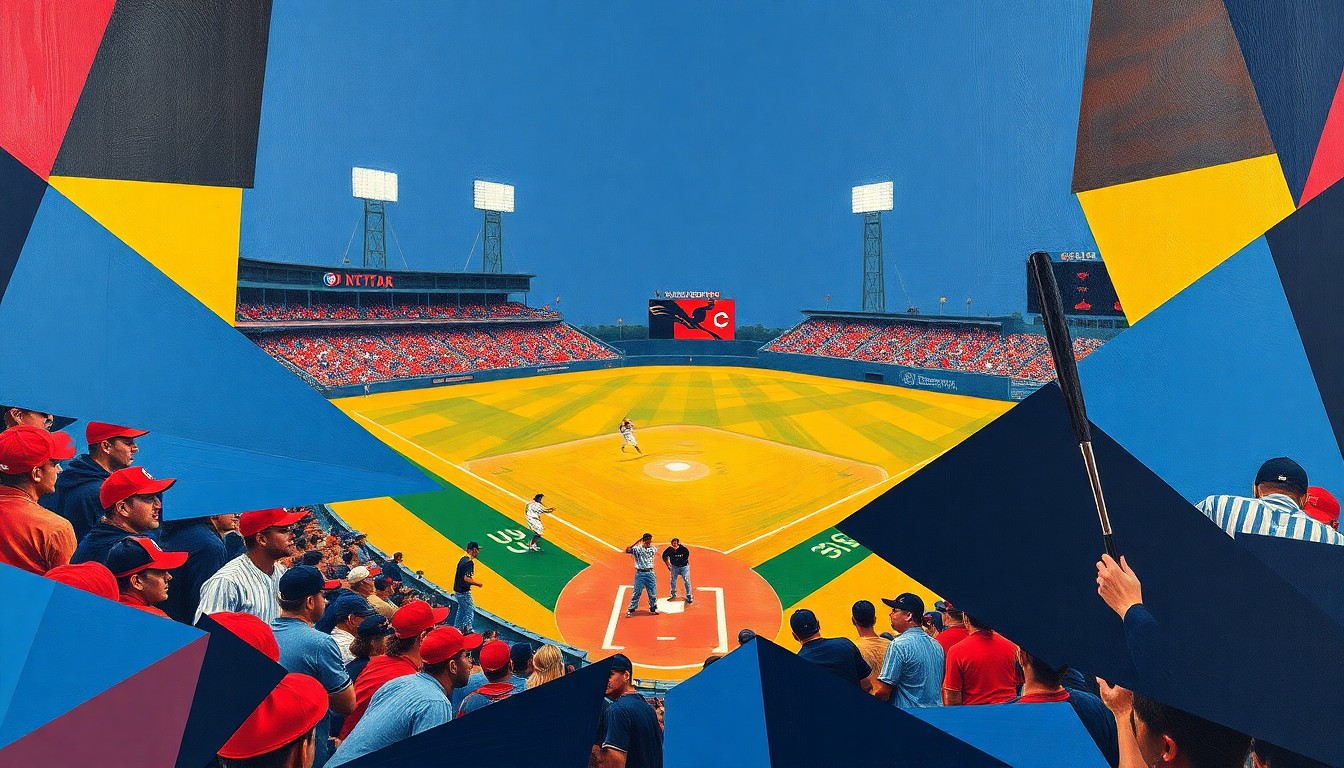 A fractured, multi-perspective painting depicting a college baseball game, with the players and field broken down into vibrant, angular shapes in shades of navy blue, crimson red, and golden yellow.