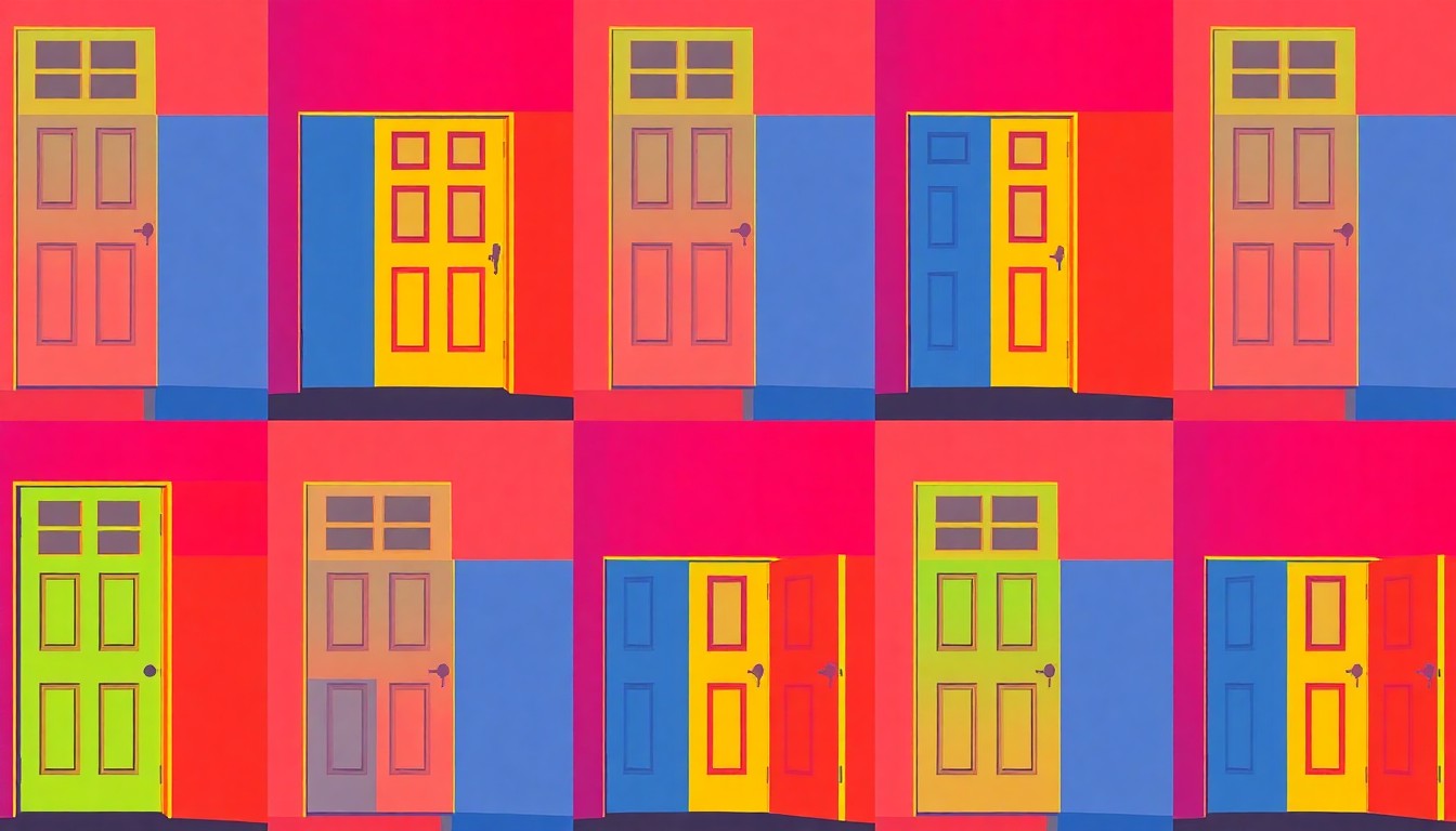 A brightly colored, high-contrast silkscreen print of a suburban front door repeated in a tight grid pattern, conceptually representing the Feinbergs' home renovation project.