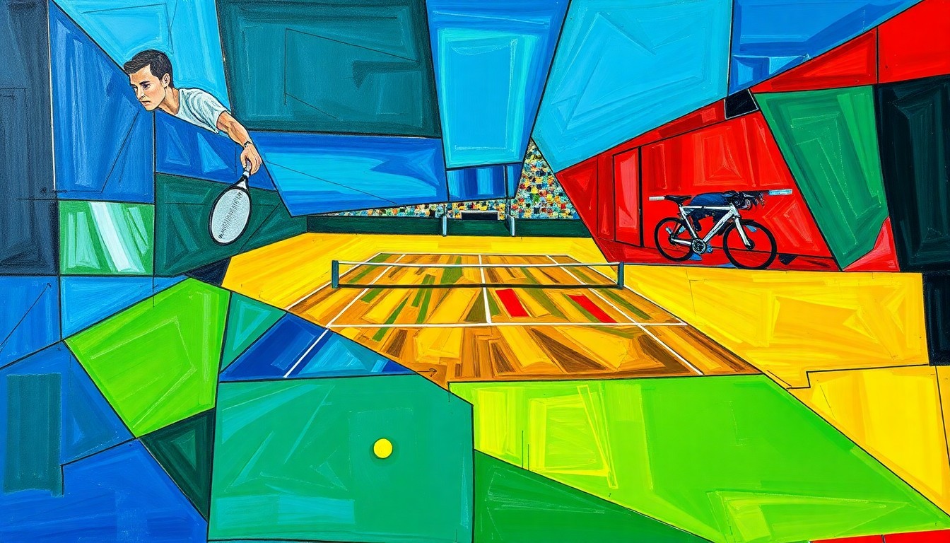 A cubist, geometric painting depicting a tennis match, with sharp, overlapping planes of color representing the dynamic movements and competition on the court.