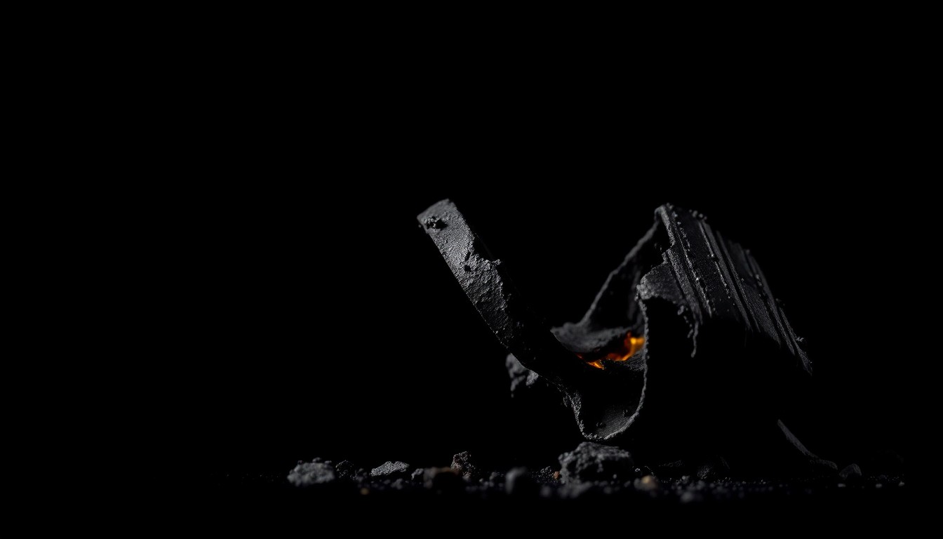 An extreme close-up of a charred, twisted piece of metal debris from a house fire, reflecting the harsh, direct light of a camera flash against a pitch-black background, conceptually illustrating the devastation caused by the blaze.