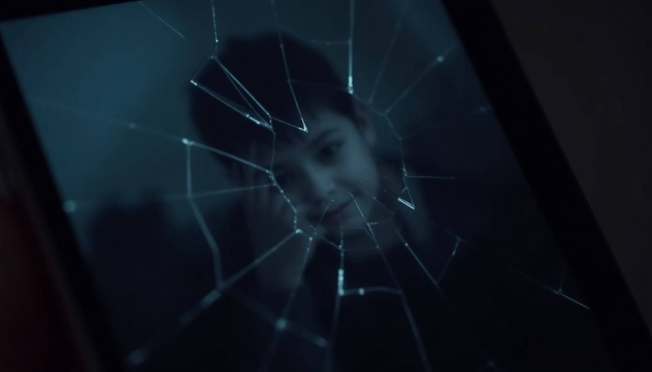 An extreme close-up photograph of a cracked smartphone screen reflecting a faint, distorted image, conceptually representing the disturbing discovery of child exploitation material.