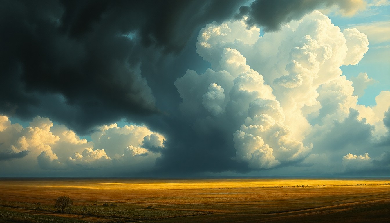 A sweeping, atmospheric landscape painting in muted tones of gray, blue, and green, with a dramatic, turbulent sky dominating the frame and dwarfing the flat, open field below.