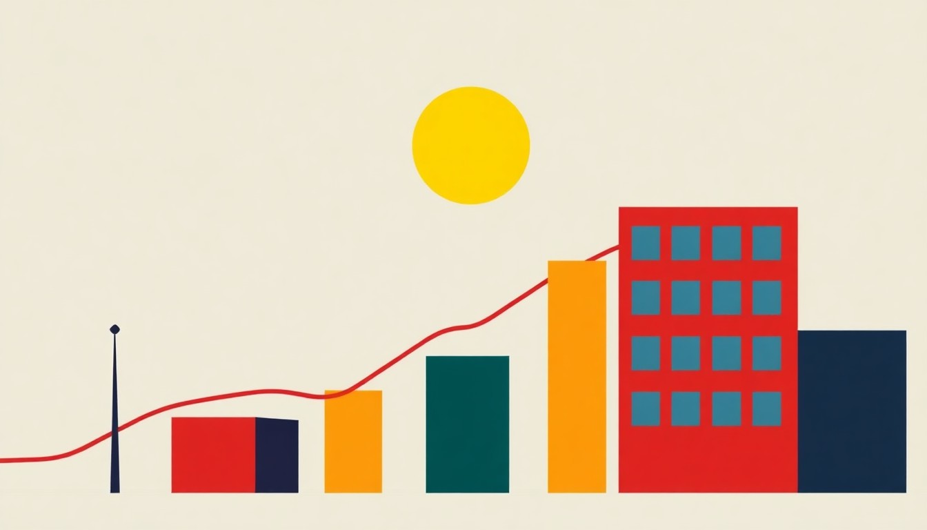 A geometric abstract illustration using bold shapes and primary colors to conceptually represent the rising costs and diminishing cost advantage in the Buffalo Niagara region.