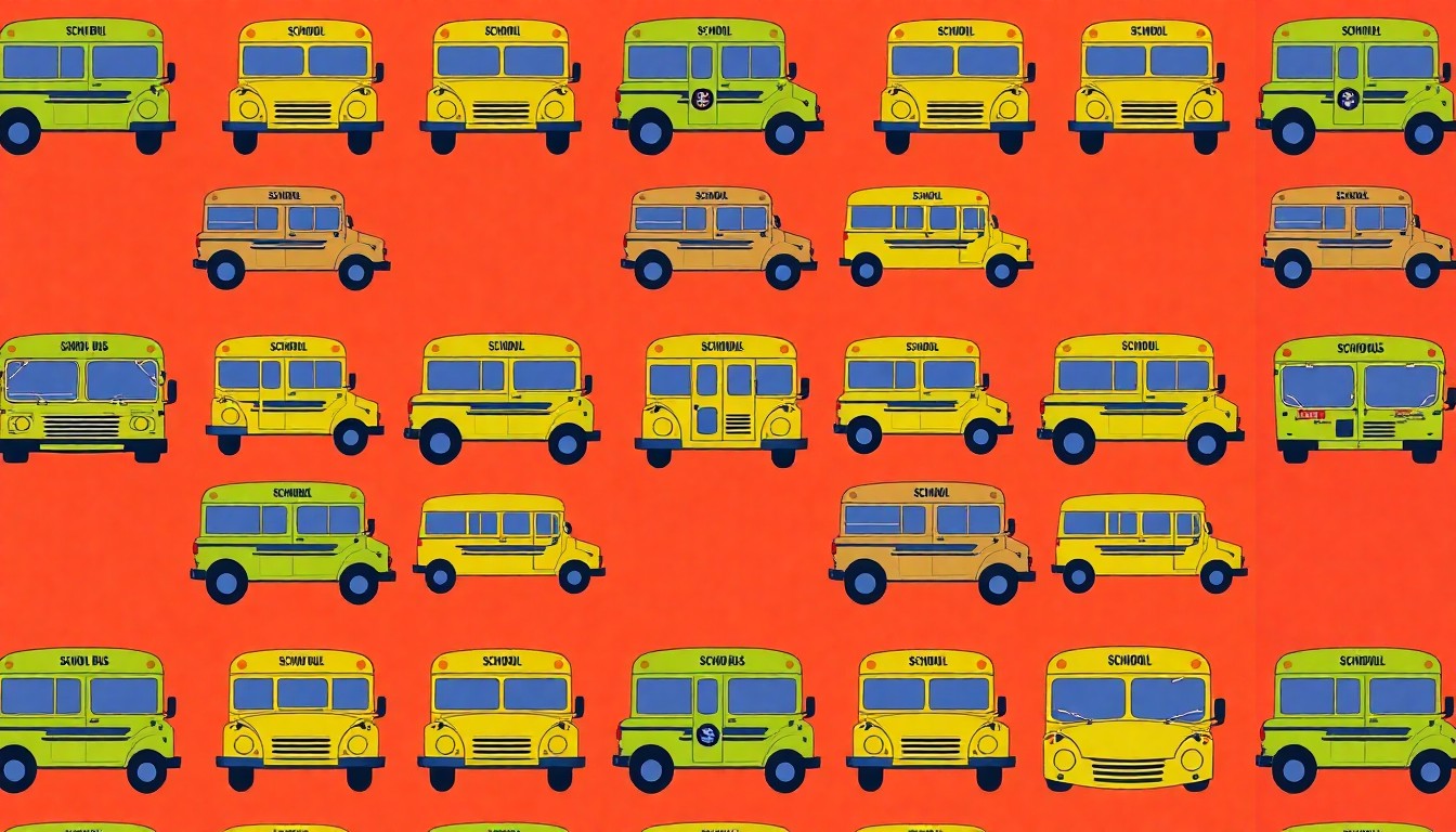 A bold, colorful silkscreen illustration featuring a repeated icon of a school bus in a grid pattern, using a vibrant neon color palette to conceptually represent the community's call for accountability from local education leaders.