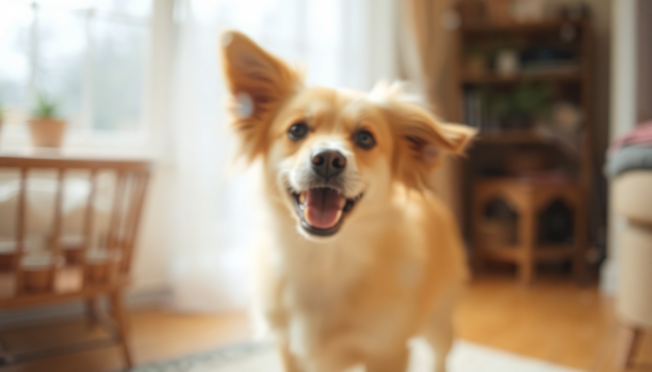 An abstract, impressionistic photograph of a blurred, playful dog in a warm, cozy indoor setting, conveying the friendly and loving nature of the featured rescue animal.