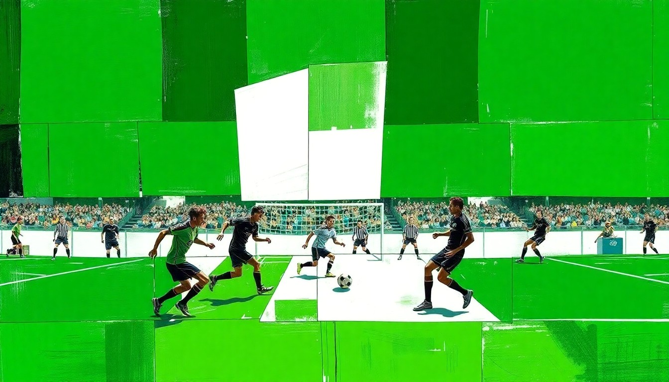 A fragmented, geometric painting depicting the overlapping movements and perspectives of a high school soccer game, with sharp planes of green, white, and black.