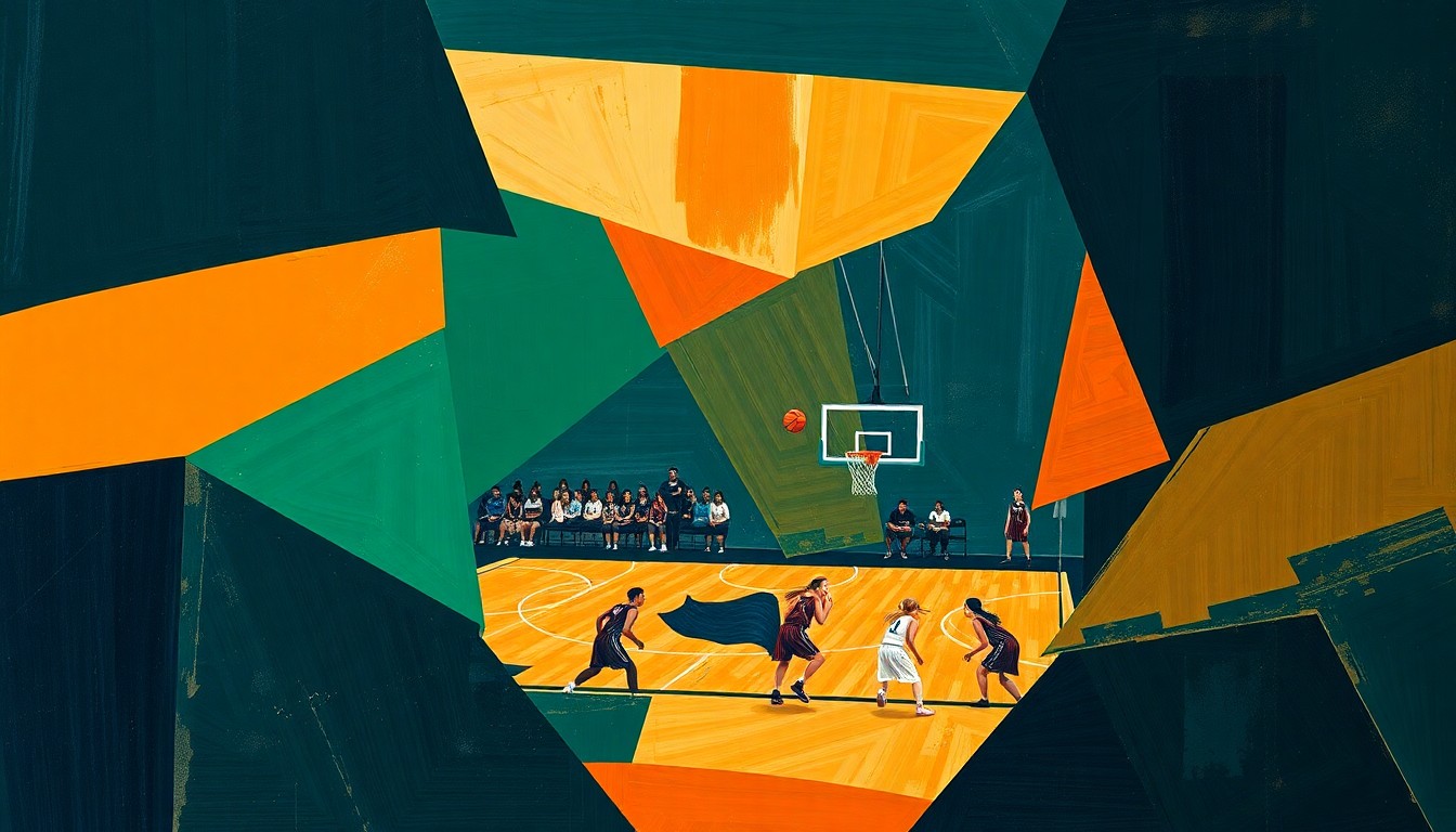A cubist-style painting featuring overlapping geometric shapes and planes in navy, green, and orange, representing the fast-paced action and intensity of a girls' basketball game.