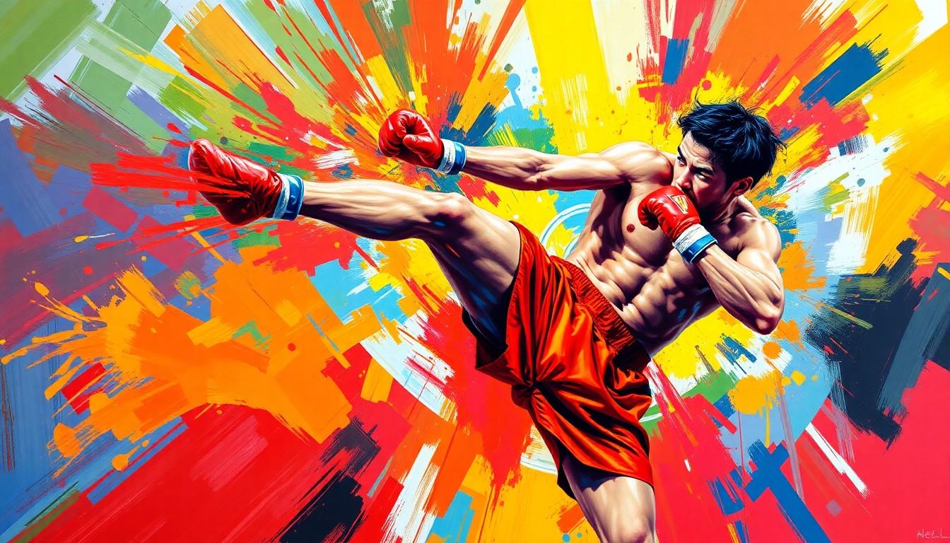An abstract, energetic painting using bold brushstrokes and neon colors to depict the dynamic movements of a Muay Thai fighter, conveying the raw power and intensity of the sport.