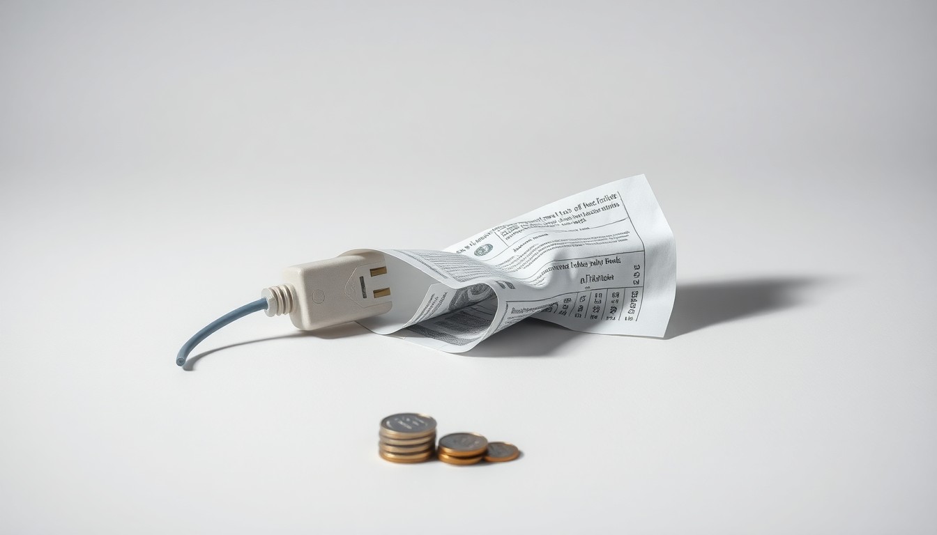 A minimalist studio still life photograph featuring a disconnected electrical plug, a crumpled utility bill, and a small stack of coins, symbolizing the challenge of unpaid utility bills and the risk of service disruption.
