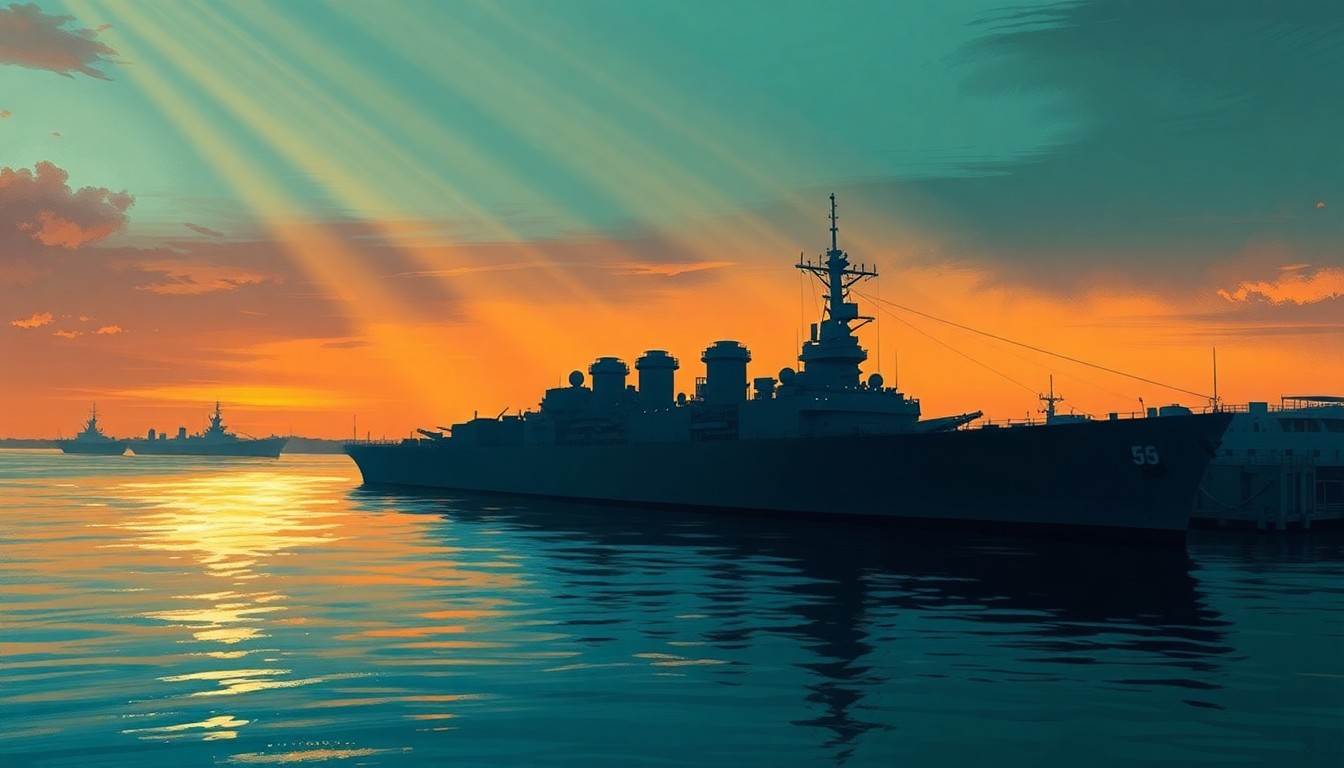 A serene, photorealistic painting of the USS Wisconsin battleship docked in a harbor, with the ship's hull and superstructure reflected in the calm waters and surrounded by a warm, golden glow of sunlight.