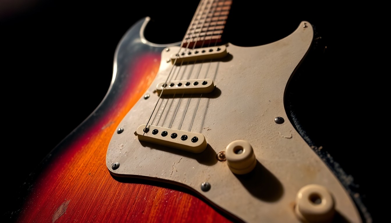 An extreme close-up photograph of a vintage electric guitar, its worn and textured surface reflecting dramatic studio lighting, conceptually representing the iconic sound of British singer-songwriter Nick Lowe.