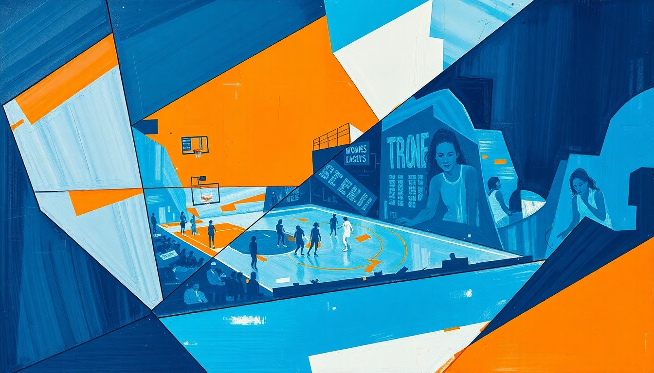 A cubist, geometric painting depicting a women's basketball game, with sharp, overlapping planes of color representing the dynamic action on the court.