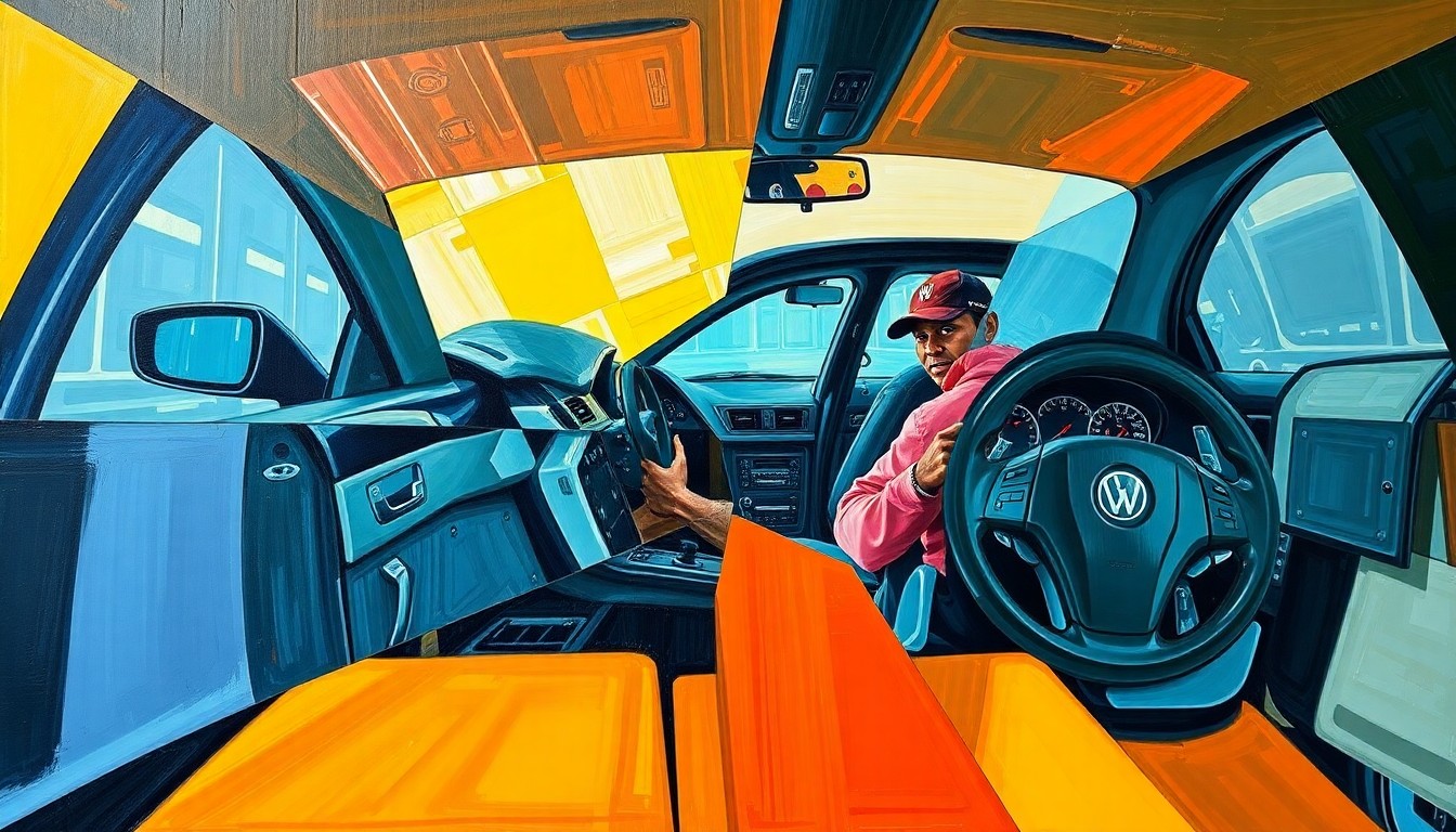 A cubist, geometric painting depicting a fragmented car accident scene, with sharp planes of color and form representing the chaotic nature of the incident.