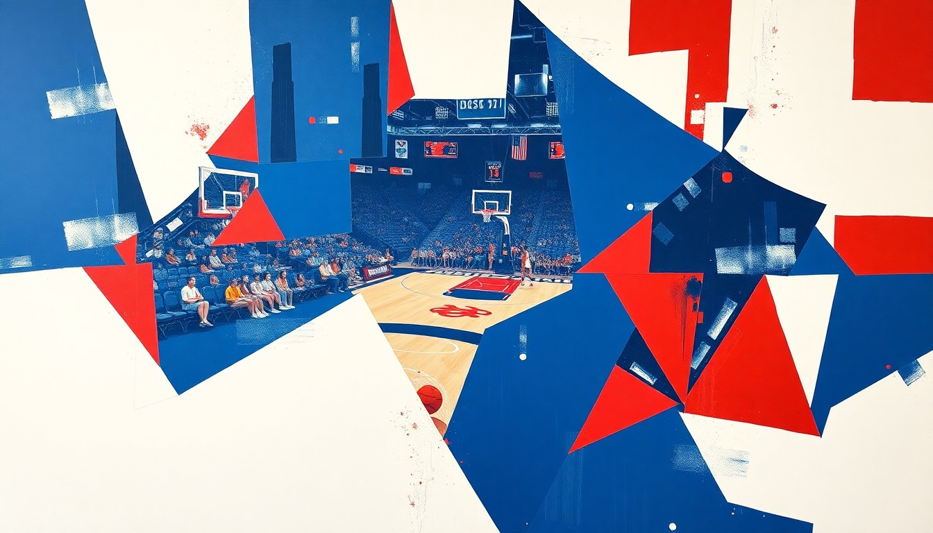 A fragmented, cubist-style painting depicting the dynamic movements and energy of a women's basketball game, with sharp geometric shapes and planes in shades of navy, red, and white.