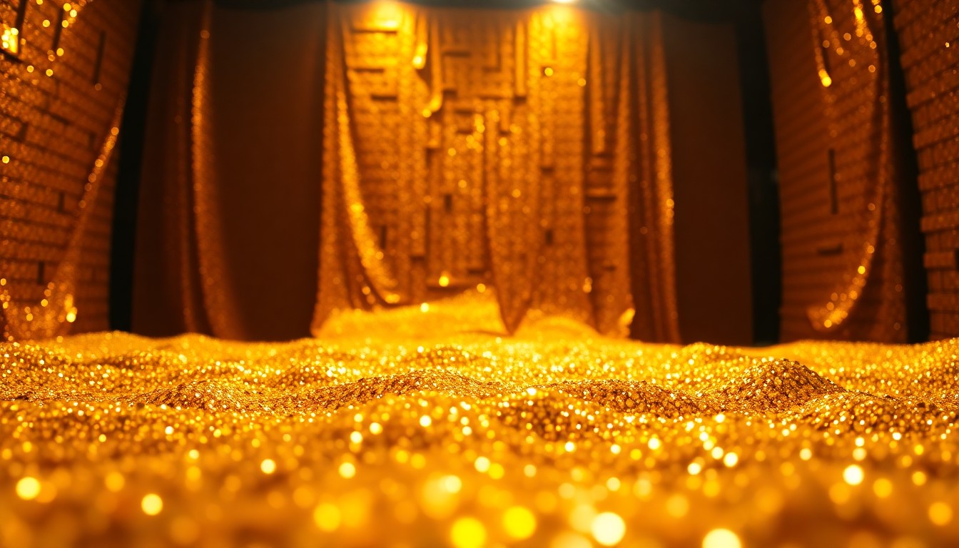 An extreme close-up photograph of shimmering, glittering gold sequins in dramatic studio lighting, conceptually representing the high-production glamour of a music recording session.