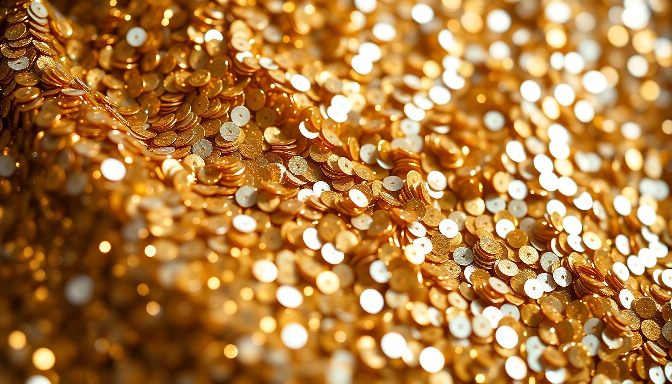 An abstract close-up photograph of shimmering, high-contrast gold and silver sequins, conceptually representing the glamour and exclusivity of major music festivals.