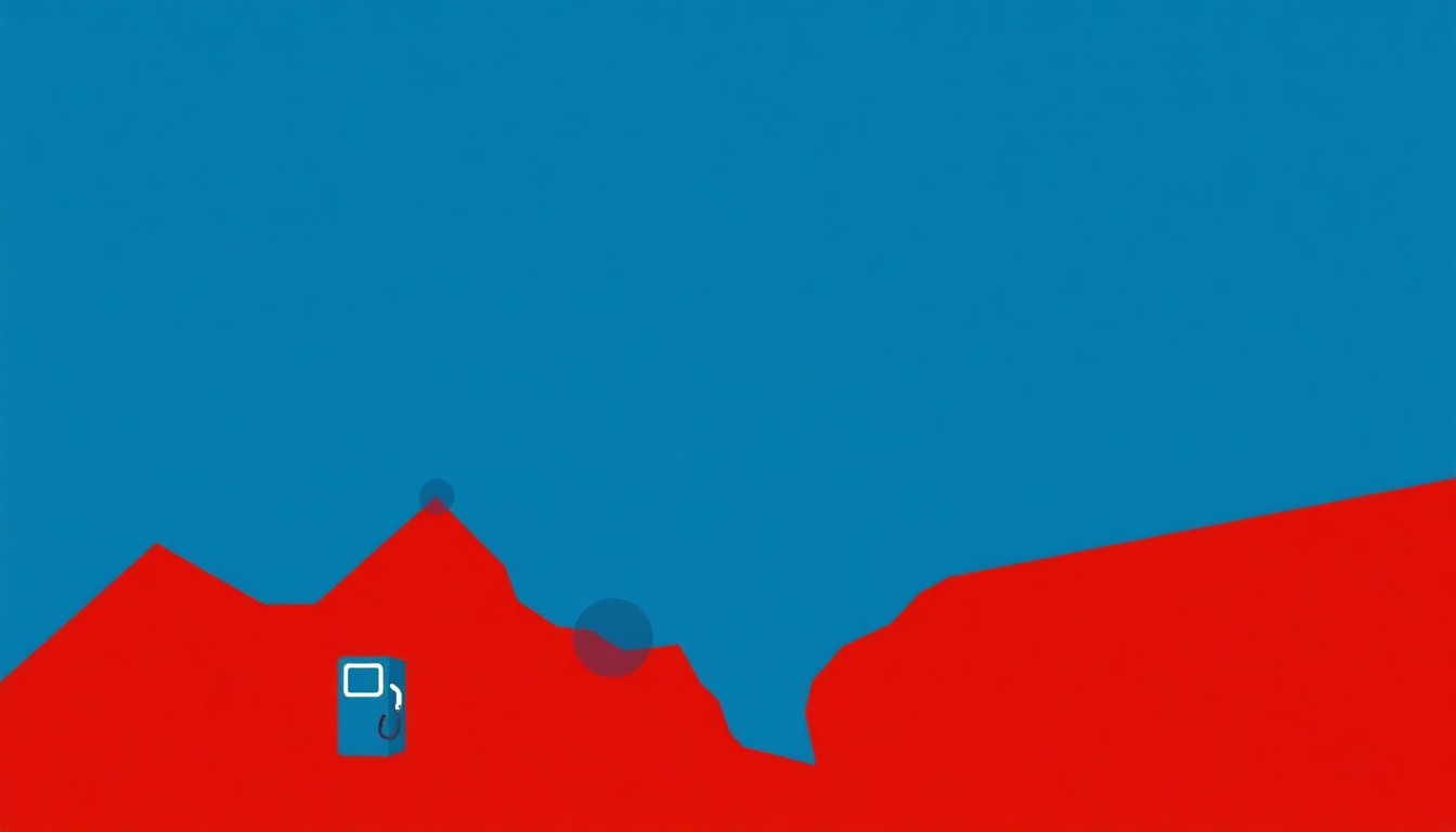 A minimalist illustration composed of overlapping triangles and rectangles in shades of blue, red, and yellow, conceptually representing the fluctuating cost of gasoline.