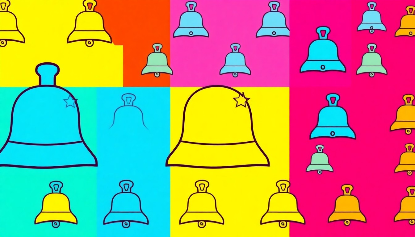 A bold, colorful silkscreen-style illustration featuring a repeating pattern of a stylized school bell icon in vibrant neon shades, conceptually representing the importance of responsible school leadership.
