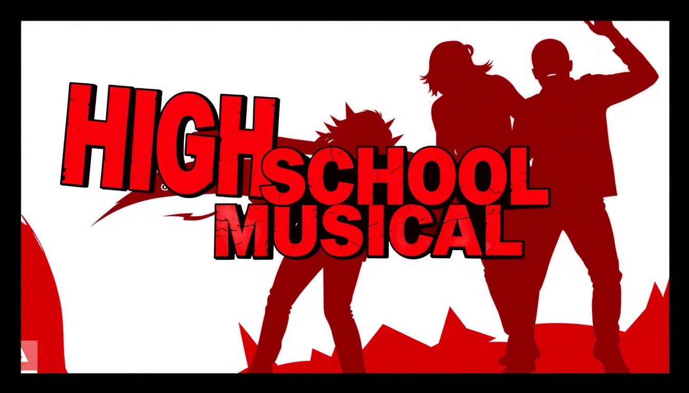 An abstract, minimalist illustration featuring sharp, overlapping black silhouettes against a red and white background, conceptually representing the energy and drama of a high school musical performance.