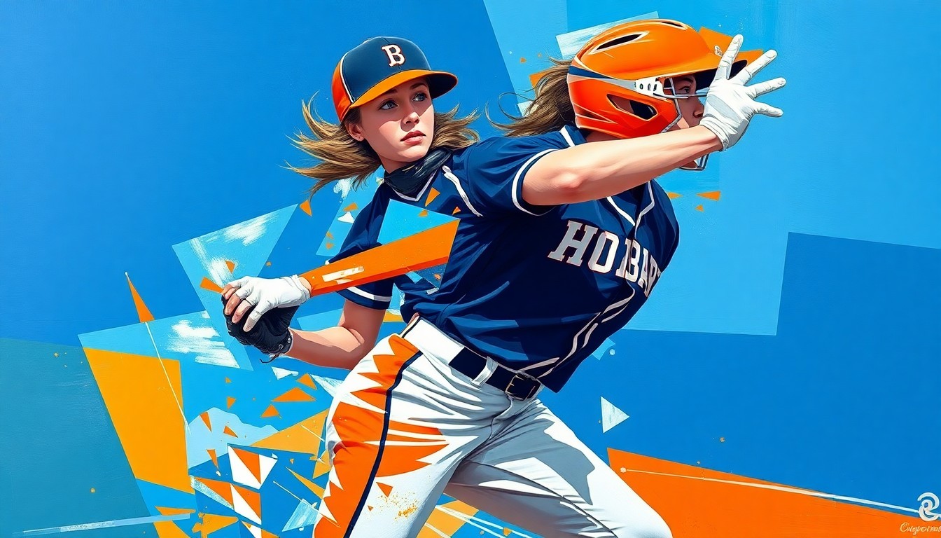 A fractured, cubist-style painting depicting the motion and energy of a softball player, with sharp, overlapping geometric planes in the Hobart Brickies' colors of navy blue, orange, and white, conceptually representing the player's determination and the team's spirit.