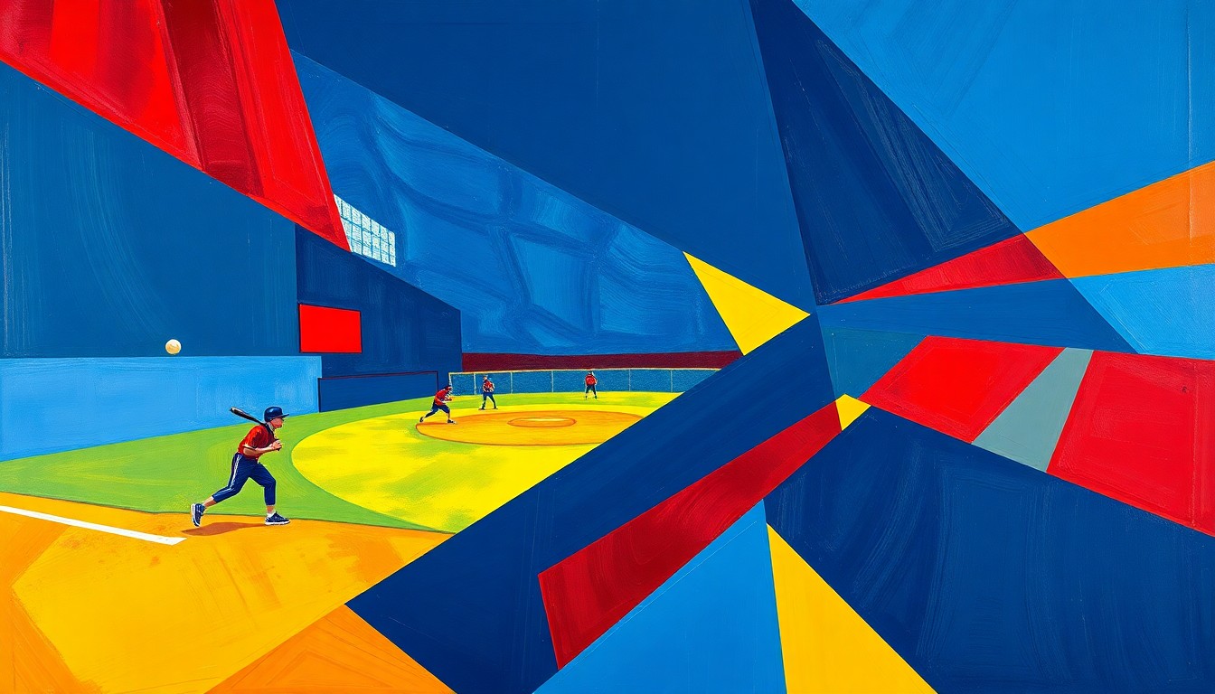A fragmented, geometric painting depicting the motion and intensity of a high school softball game, with players and the field broken down into sharp, overlapping planes of color.
