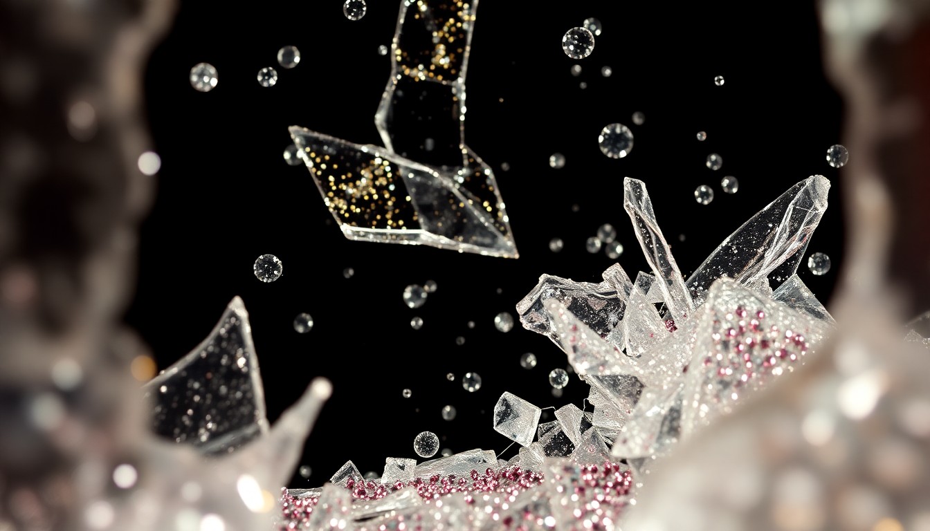 An abstract macro photograph featuring a dramatic close-up of shattered glass and glittering sequins, conveying the glamour and excess of Hollywood celebrity culture.