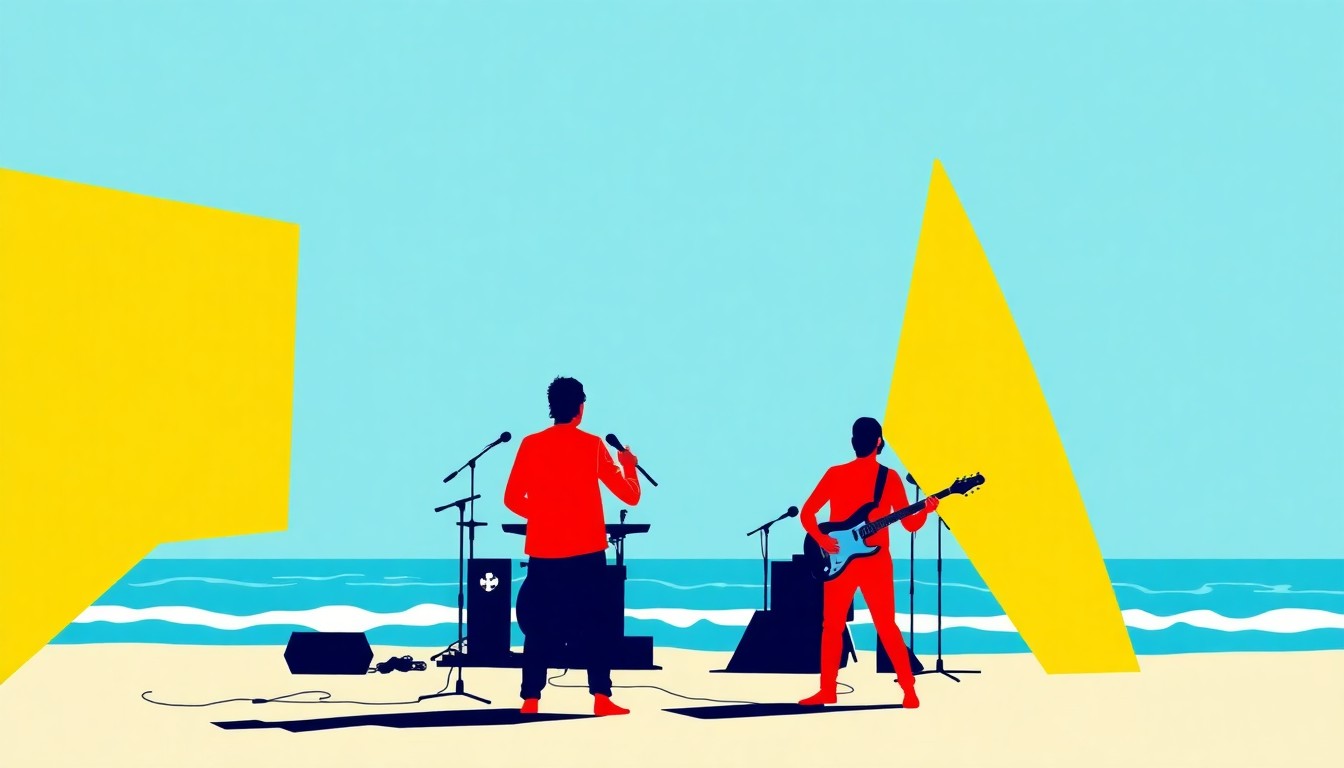 An abstract, minimalist illustration using bold, geometric shapes and bright primary colors to represent the energy and excitement of a live music performance on the beach.