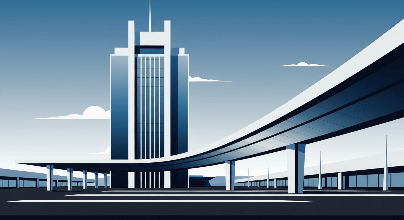 A highly geometric, Art Deco-inspired illustration depicting the sleek, monumental facade of an airport terminal, rendered in a palette of cool blues, grays, and whites, conveying the conceptual idea of the spread of misinformation about travel security policies.