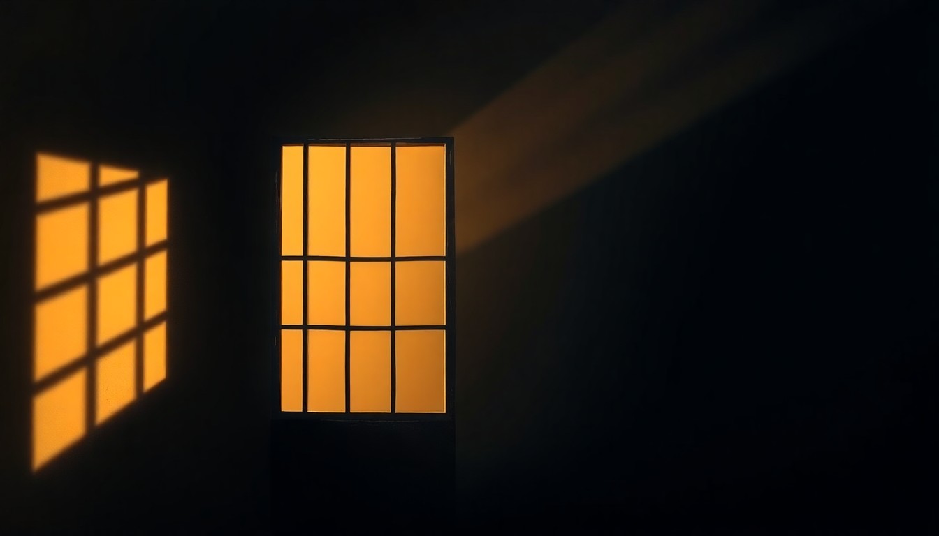 A serene, cinematic painting of a solitary jail cell window, with warm sunlight streaming in and deep shadows casting a somber mood, conceptually representing the complex realities of the criminal justice system.